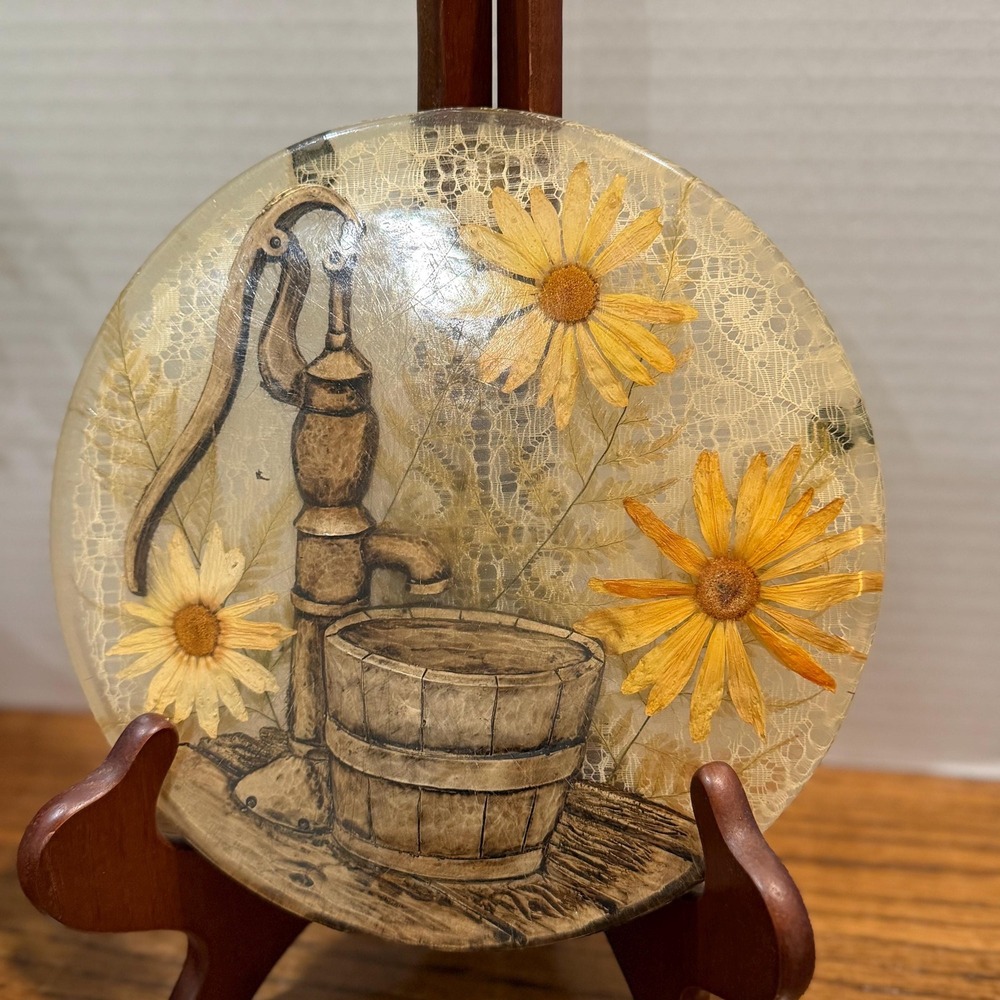 Vintage Lucite Resin‎ Trivet Hand Painted Water Pump Daisies Cottagecore 8"